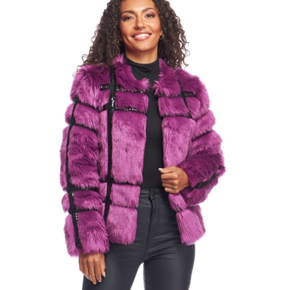 Orchid Magenta Faux Fur Style Starter Sequin Jacket